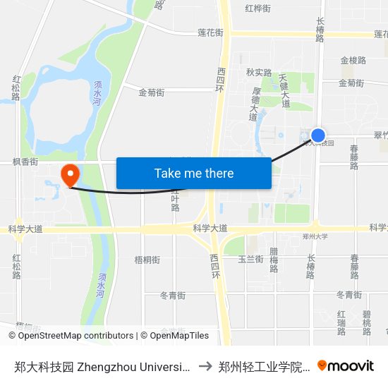 郑大科技园 Zhengzhou University Sci-Tech Park to 郑州轻工业学院科学校区 map
