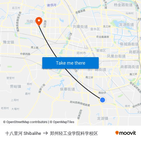 十八里河 Shibalihe to 郑州轻工业学院科学校区 map