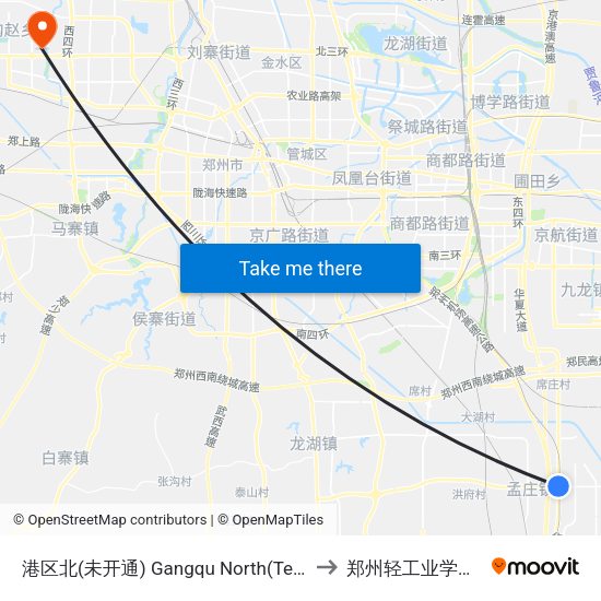 港区北(未开通) Gangqu North(Temporary Not Open) to 郑州轻工业学院科学校区 map