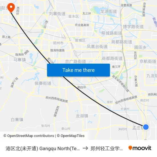 港区北(未开通) Gangqu North(Temporary Not Open) to 郑州轻工业学院科学校区 map