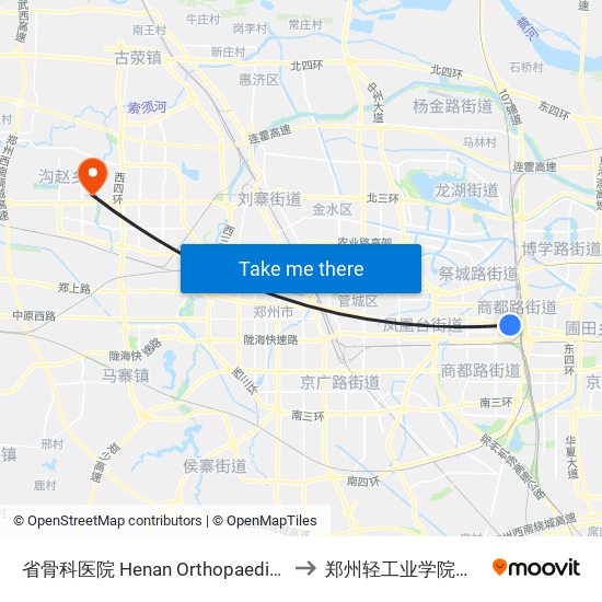 省骨科医院 Henan Orthopaedics Hospital to 郑州轻工业学院科学校区 map