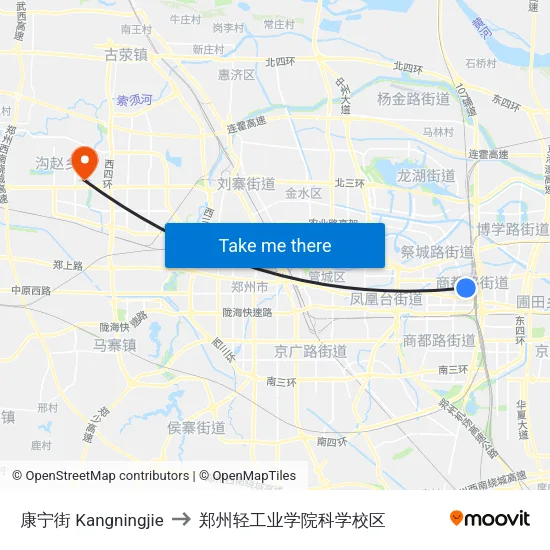 康宁街 Kangningjie to 郑州轻工业学院科学校区 map