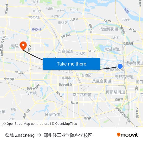 祭城 Zhacheng to 郑州轻工业学院科学校区 map