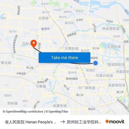 省人民医院 Henan People's Hospital to 郑州轻工业学院科学校区 map