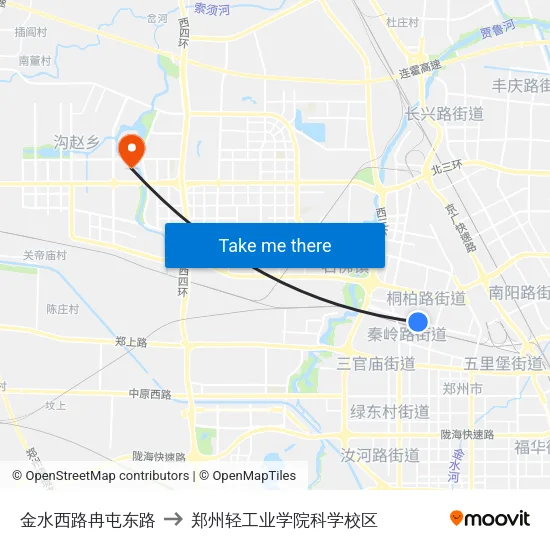 金水西路冉屯东路 to 郑州轻工业学院科学校区 map