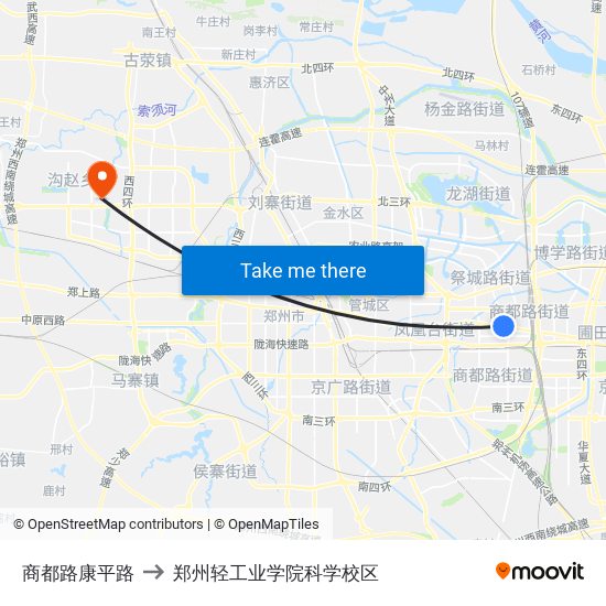 商都路康平路 to 郑州轻工业学院科学校区 map