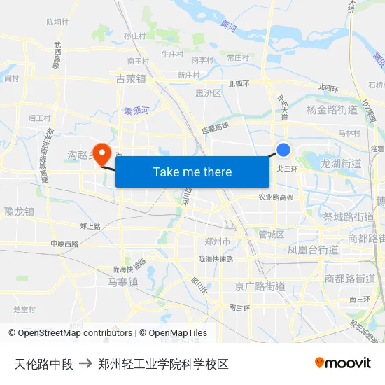天伦路中段 to 郑州轻工业学院科学校区 map