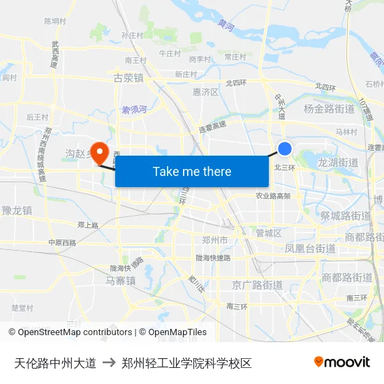 天伦路中州大道 to 郑州轻工业学院科学校区 map