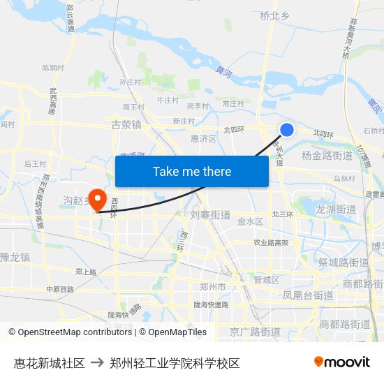 惠花新城社区 to 郑州轻工业学院科学校区 map
