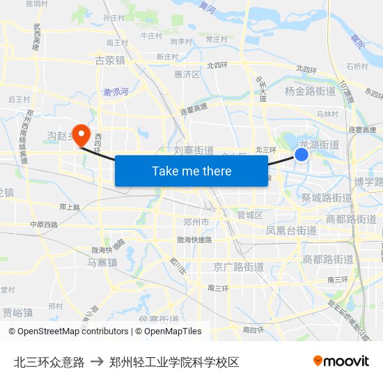 北三环众意路 to 郑州轻工业学院科学校区 map