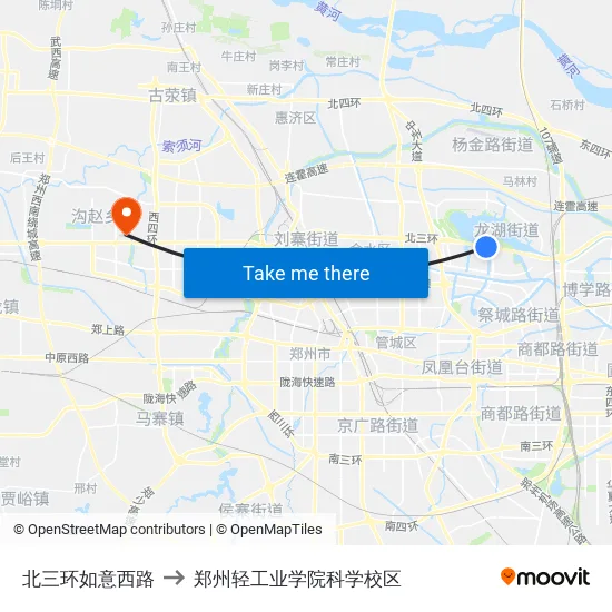 北三环如意西路 to 郑州轻工业学院科学校区 map