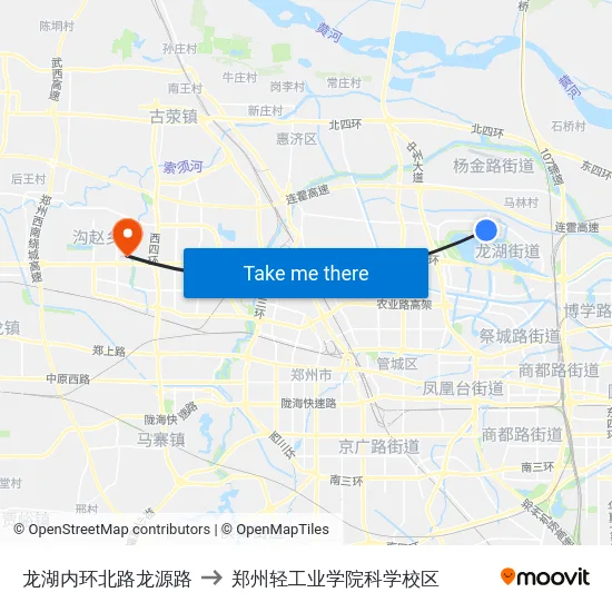 龙湖内环北路龙源路 to 郑州轻工业学院科学校区 map