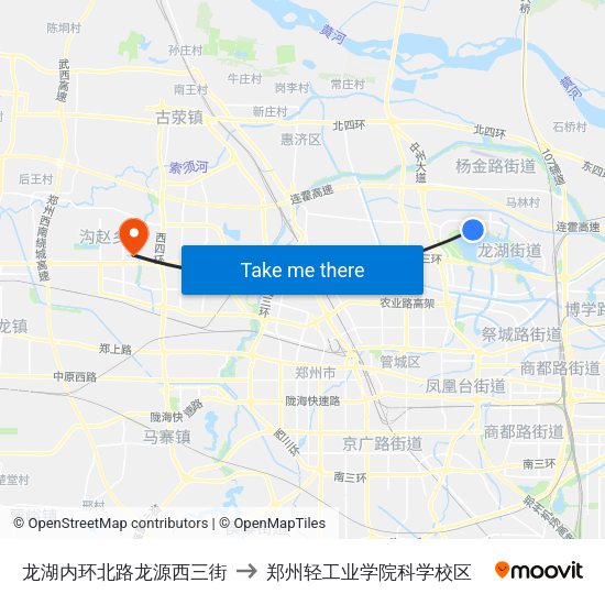 龙湖内环北路龙源西三街 to 郑州轻工业学院科学校区 map