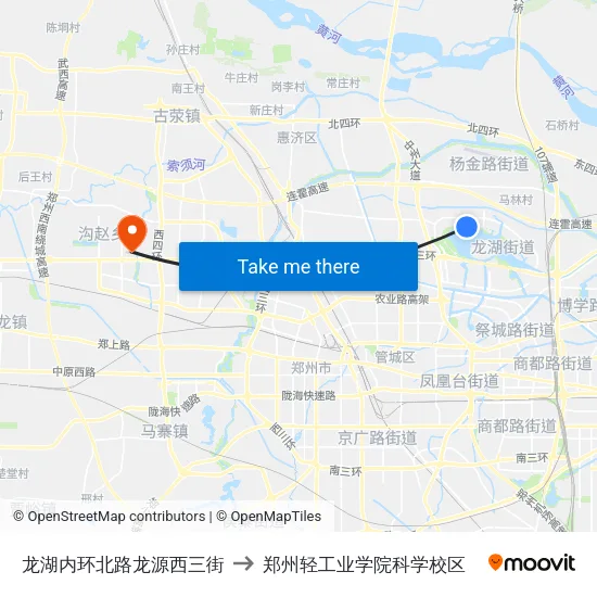 龙湖内环北路龙源西三街 to 郑州轻工业学院科学校区 map
