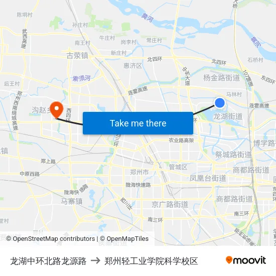 龙湖中环北路龙源路 to 郑州轻工业学院科学校区 map
