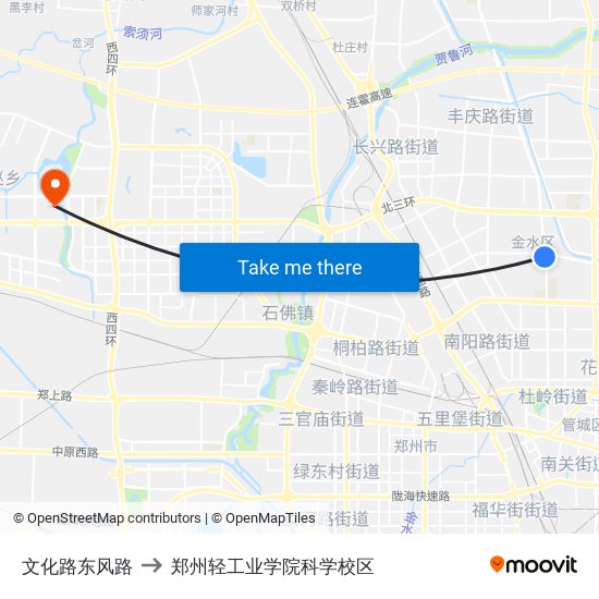 文化路东风路 to 郑州轻工业学院科学校区 map