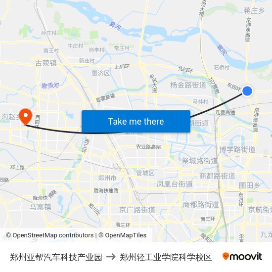 郑州亚帮汽车科技产业园 to 郑州轻工业学院科学校区 map