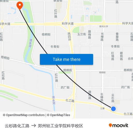 云杉路化工路 to 郑州轻工业学院科学校区 map