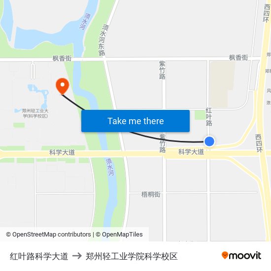 红叶路科学大道 to 郑州轻工业学院科学校区 map