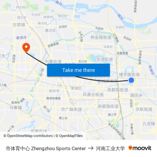 市体育中心 Zhengzhou Sports Center to 河南工业大学 map