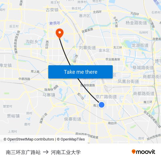 南三环京广路站 to 河南工业大学 map
