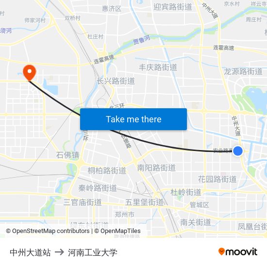 中州大道站 to 河南工业大学 map