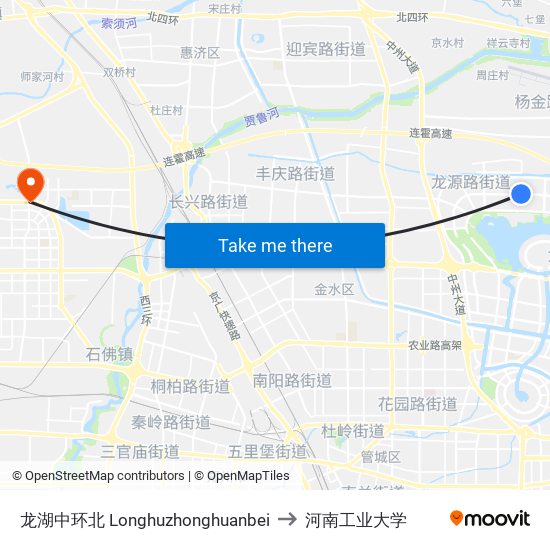 龙湖中环北 Longhuzhonghuanbei to 河南工业大学 map