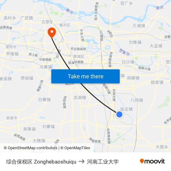 综合保税区 Zonghebaoshuiqu to 河南工业大学 map