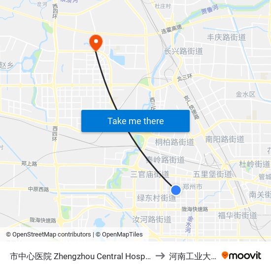 市中心医院 Zhengzhou Central Hospital to 河南工业大学 map