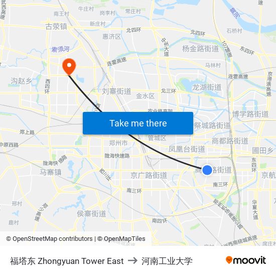 福塔东 Zhongyuan Tower East to 河南工业大学 map