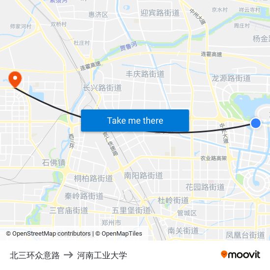 北三环众意路 to 河南工业大学 map