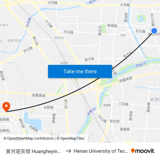 黄河迎宾馆 Huangheyingbinguan to Henan University of Technology map