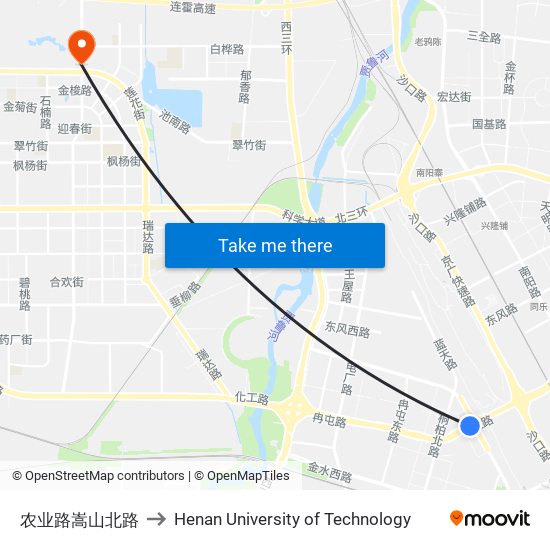 农业路嵩山北路 to Henan University of Technology map