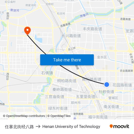 任寨北街经八路 to Henan University of Technology map