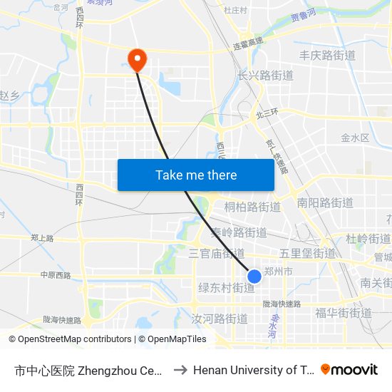 市中心医院 Zhengzhou Central Hospital to Henan University of Technology map