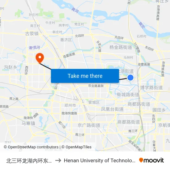 北三环龙湖内环东路 to Henan University of Technology map