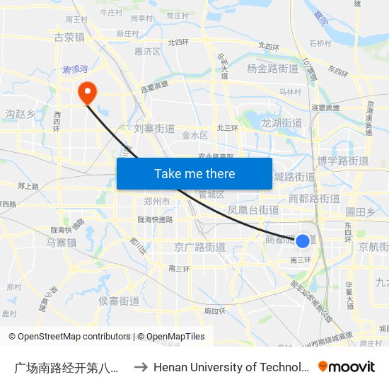 广场南路经开第八大街 to Henan University of Technology map