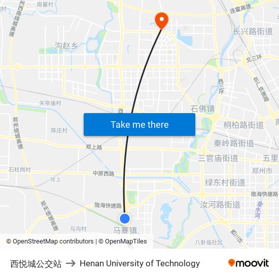 西悦城公交站 to Henan University of Technology map