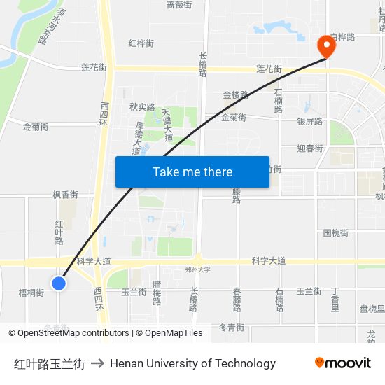 红叶路玉兰街 to Henan University of Technology map