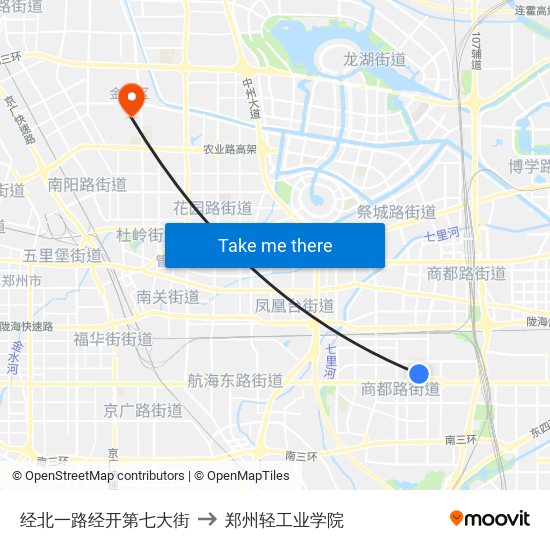 经北一路经开第七大街 to 郑州轻工业学院 map