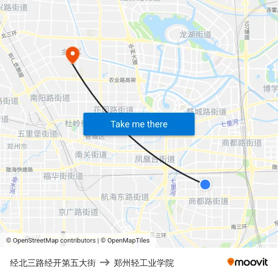 经北三路经开第五大街 to 郑州轻工业学院 map