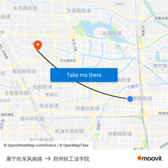 康宁街东风南路 to 郑州轻工业学院 map