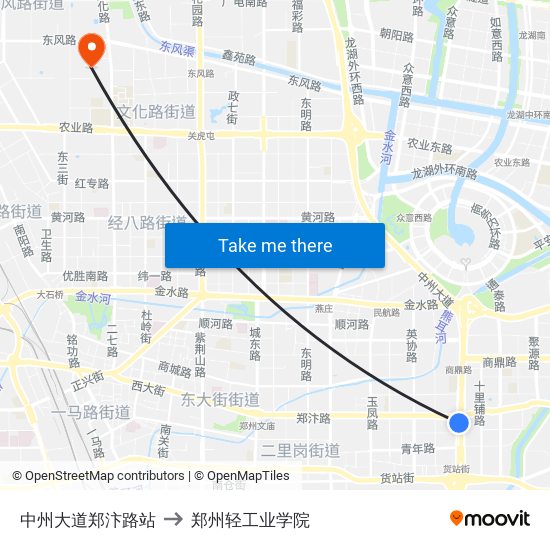 中州大道郑汴路站 to 郑州轻工业学院 map