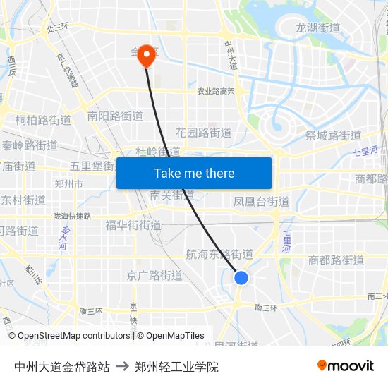 中州大道金岱路站 to 郑州轻工业学院 map