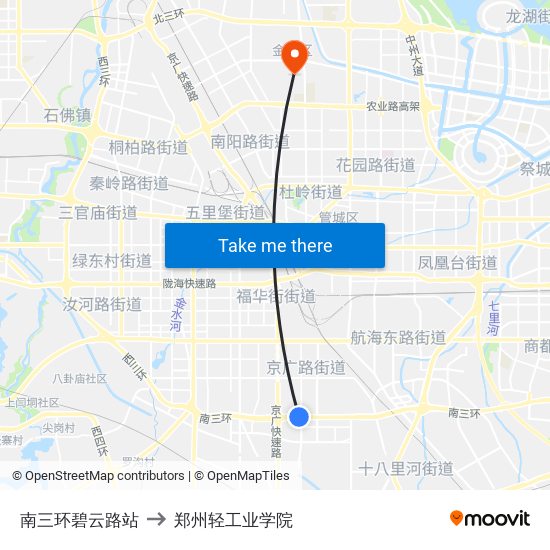 南三环碧云路站 to 郑州轻工业学院 map