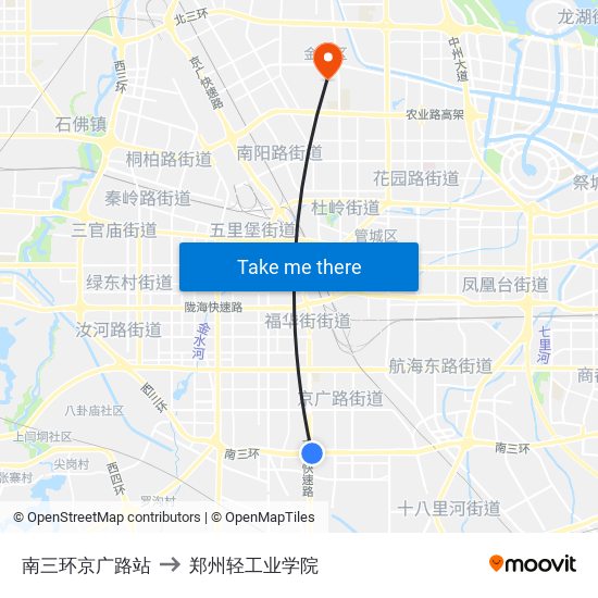 南三环京广路站 to 郑州轻工业学院 map