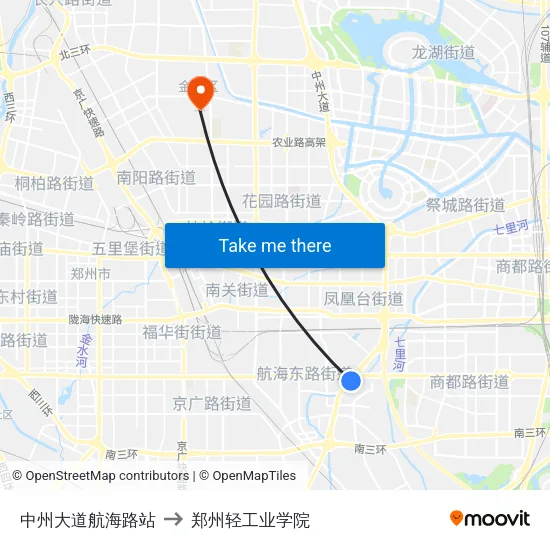 中州大道航海路站 to 郑州轻工业学院 map