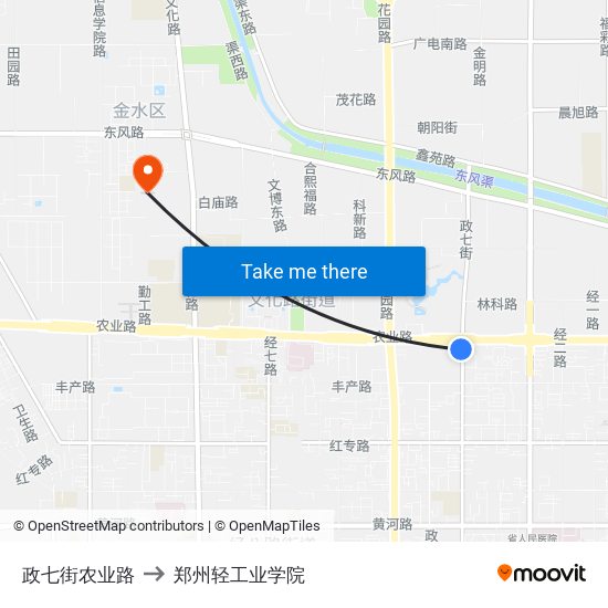 政七街农业路 to 郑州轻工业学院 map