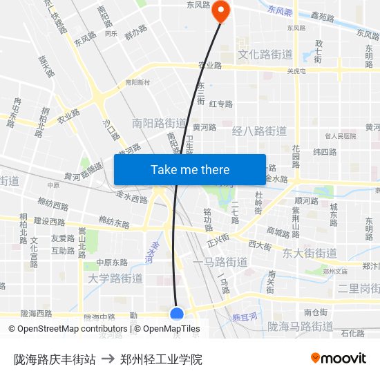 陇海路庆丰街站 to 郑州轻工业学院 map