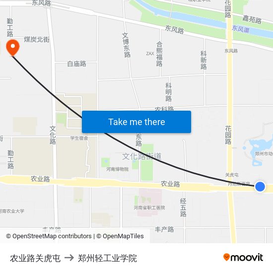 农业路关虎屯 to 郑州轻工业学院 map